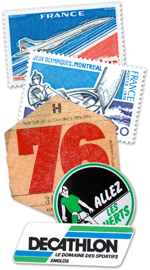 Le concorde, Jeux Olympiques de MONTREAL, Vignette auto 76, Allez les verts, Decathlon, Le domaine des sportifs, ENGLOS